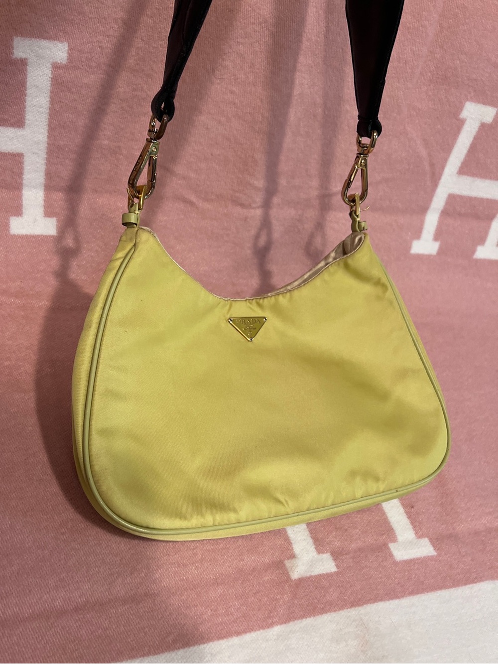 PRADA🌟Neon Yellow/green Nylon Shoulder Bag with Gold Logo. Added Prada